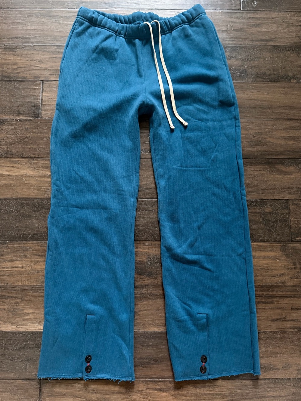 LES TIEN Sold-Out Button Hem Ocean Blue Wide Leg Sweatpants Sz M NEW $300!!